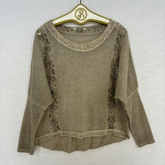 Wool Blend Batwing Sweater Women SMALL Tan Lace Sparkle Made in Italy Fall - Picture 1 of 9